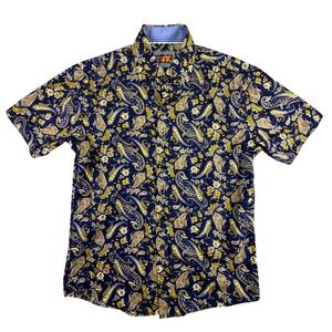 Consequence Button Down Shirt Men's Small Navy Blue Yellow Paisley Floral Boho